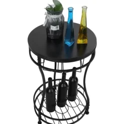 Rundt fritstående vinstativ i jern til 7 flasker, øverste hylde til minibar eller sidebord, 65,5 x 42 cm KLB