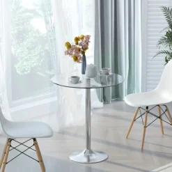 Rundt glas spisebord, 70 cm, metal understel