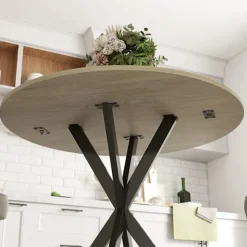 Rundt køkkenbord, 80 cm, kompakt bordplade, spånplade, metal, hvid eg+sort