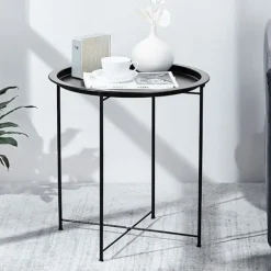 Rundt metal sidebord, indendørs eller udendørs brug, sammenklappeligt terrassebord med aftagelig bakke, let, men robust konstruktion, slidstærk