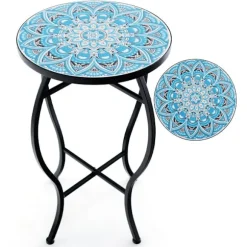 Rundt Mosaik Sidebord – 35x55 cm, Blå/Sort