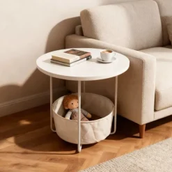 Rundt sidebord med opbevaringskurv – metalstel
