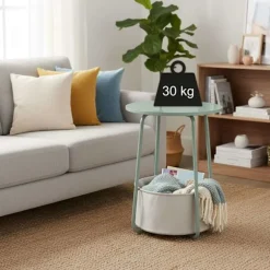 Rundt sidebord med stofkurv