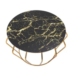 Rundt sofabord, guldmetal og glasplade, 78x44,5 cm