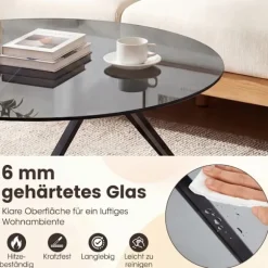 Rundt sofabord, hærdet glas og metalstel, 80x80 cm