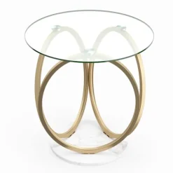 Rundt sofabord i glas med guldmetalramme
