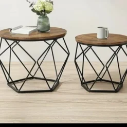 Rundt sofabord i ét stykke, sidebord, sofabord, moderne stil, aftagelig bakke, stålramme, egnet til stue - Rustik brun og sort