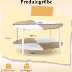 Rundt sofabord med hylde, hvid og naturtræ