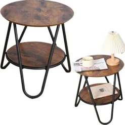 Rundt sofabord med hylde 40 cm MDF/metal, rustik træfarve