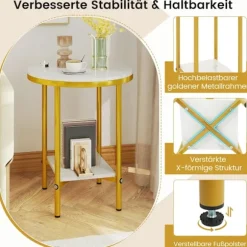 Rundt sofabord med marmorlook, 2-lags, hvid/guld