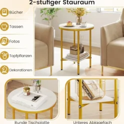Rundt sofabord med marmorlook, 2-lags, hvid/guld