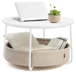 Rundt sofabord med opbevaringskurv - hvid/beige