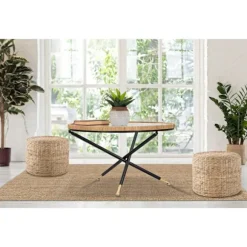 Rundt sofabord, sort metal og rotting, 80 cm