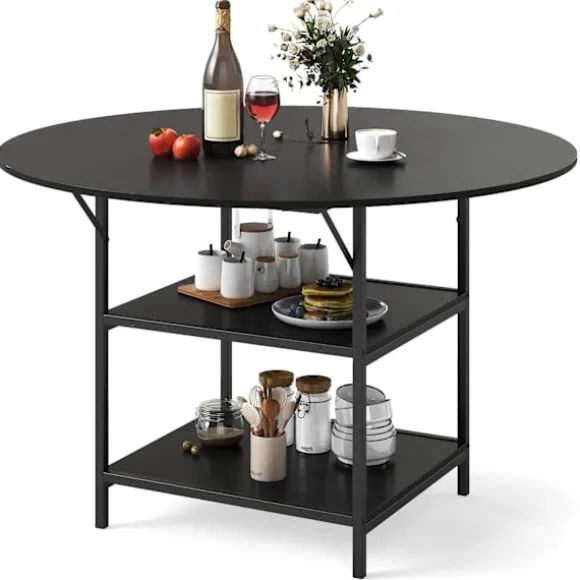 Rundt spisebord, 120 cm, 2-lags hylde, metalstel