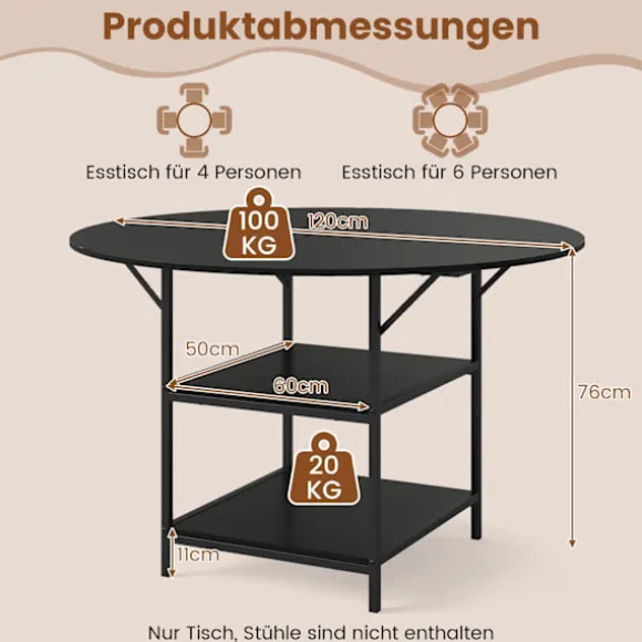 Rundt spisebord, 120 cm, 2-lags hylde, metalstel