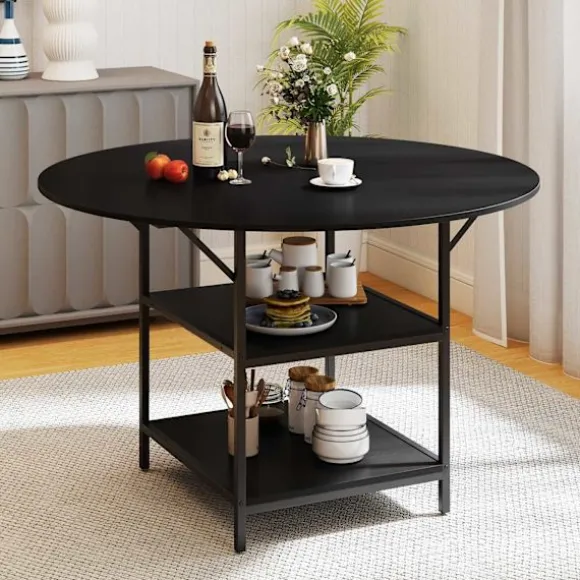 Rundt spisebord, 120 cm, 2-lags hylde, metalstel
