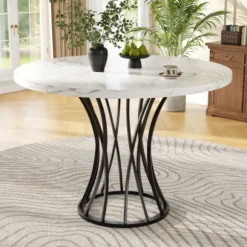 Rundt spisebord 80 cm, marmoreret MDF-plade, sorte ben, letvægts stuebord, til 4-6 personer Black