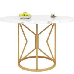 Rundt spisebord 100 cm, marmor MDF-plade og gyldne geometriske metalben, til 4-6 personer, spisestue Golden