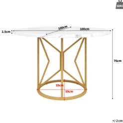 Rundt spisebord 100 cm, marmor MDF-plade og gyldne geometriske metalben, til 4-6 personer, spisestue Golden