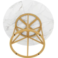 Rundt spisebord 100 cm, marmor MDF-plade og gyldne geometriske metalben, til 4-6 personer, spisestue Golden