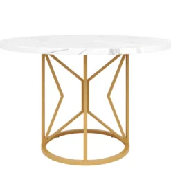 Rundt spisebord 100 cm, marmor MDF-plade og gyldne geometriske metalben, til 4-6 personer, spisestue Golden