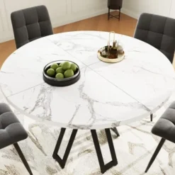 Rundt spisebord 100 cm, marmorplade, sorte ben, letvægts stuebord, til 4-6 personer, 76 cm højt Black