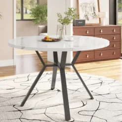 Rundt spisebord 100 cm, marmorlook & sort X-stel, moderne sofabord, stabilt, til stuen Black white