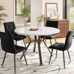 Rundt spisebord 100 cm, marmorlook & sort X-stel, moderne sofabord, stabilt, til stuen Black white