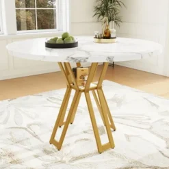 Rundt spisebord, 100 cm, med marmoreret MDF-plade og guldben, luksuriøst, til 4-6 personer, til spisestue Golden