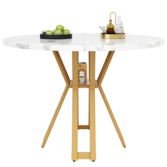 Rundt spisebord, 100 cm, med marmoreret MDF-plade og guldben, luksuriøst, til 4-6 personer, til spisestue Golden