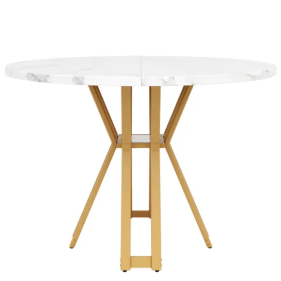 Rundt spisebord, 100 cm, med marmoreret MDF-plade og guldben, luksuriøst, til 4-6 personer, til spisestue Golden