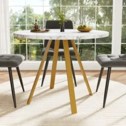 Rundt spisebord 80×80×75 cm med marmormønstre og gyldne metalben – til køkken/stue, plads til 4 personer White+Gold