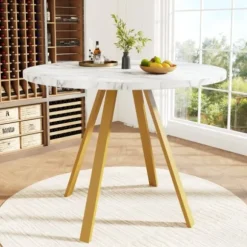 Rundt spisebord 80×80×75 cm med marmormønstre og gyldne metalben – til køkken/stue, plads til 4 personer White+Gold