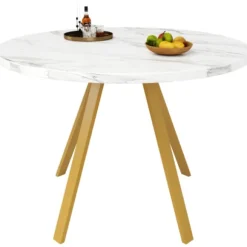 Rundt spisebord 80×80×75 cm med marmormønstre og gyldne metalben – til køkken/stue, plads til 4 personer White+Gold