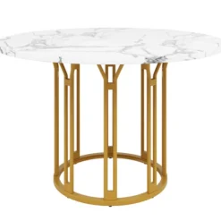 Rundt spisebord med marmormønster & gyldne metalben, køkkenbord, morgenmadsbord, 1 stk., sort/guld Gold