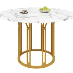 Rundt spisebord med marmormønster & gyldne metalben, køkkenbord, morgenmadsbord, 1 stk., sort/guld Gold