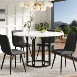 Rundt spisebord med marmormønster & gyldne metalben, køkkenbord, morgenmadsbord, 1 stk., sort/guld Black
