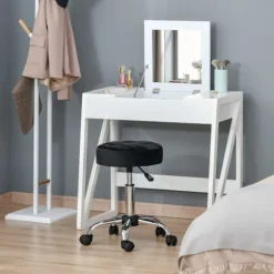 Salonstol med hjul Rullende skammel Højdejusterbar Drejelig Salonstol Fløjl Touch Foam Krom Base Sort 35 x 35 x 49-61 cm