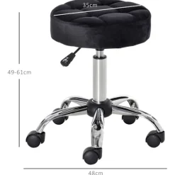 Salonstol med hjul Rullende skammel Højdejusterbar Drejelig Salonstol Fløjl Touch Foam Krom Base Sort 35 x 35 x 49-61 cm