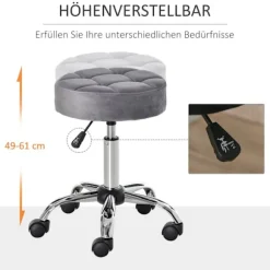 Salonstol med hjul rulleskammel højdejusterbar, drejelig, fløjl touch, krom base, grå, 35x35x49-61cm