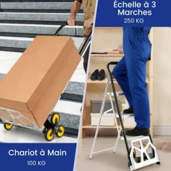 Sammenklappelig Aluminiumstrinladder 3 Trin COSTWAY - Store Skridsikre Trin - 6 Gummihjul - 250 kg - Lager, Kontor
