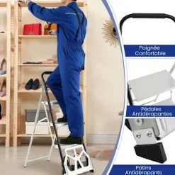 Sammenklappelig Aluminiumstrinladder 3 Trin COSTWAY - Store Skridsikre Trin - 6 Gummihjul - 250 kg - Lager, Kontor