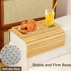 Sammenklappelig armbakke i bambusstil til sofa, ingen montering, anti-dryp kopholder, skridsikker pude til sofa, kontor Natural