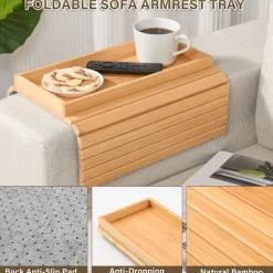 Sammenklappelig armbakke i bambusstil til sofa, ingen montering, anti-dryp kopholder, skridsikker pude til sofa, kontor Natural