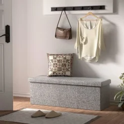 Sammenklappelig grå opbevaringsbænk, 115 cm, MDF, PU-betræk