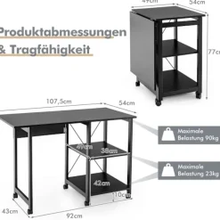 Sammenklappeligt computerbord med hylder og hjul, sort