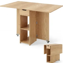 Sammenklappeligt spisebord med hjul, hylder og skuffe