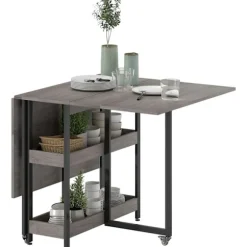 Sammenklappeligt spisebord i industrielt design, til op til 4 personer, åbne hylder, fleksibel, metal, spånplade, grå