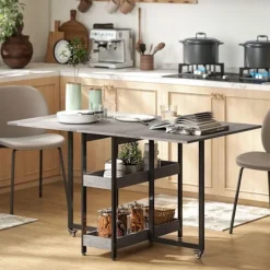 Sammenklappeligt spisebord i industrielt design, til op til 4 personer, åbne hylder, fleksibel, metal, spånplade, grå