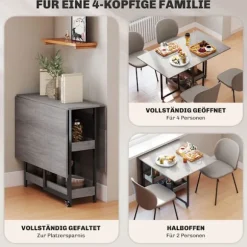 Sammenklappeligt spisebord i industrielt design, til op til 4 personer, åbne hylder, fleksibel, metal, spånplade, grå